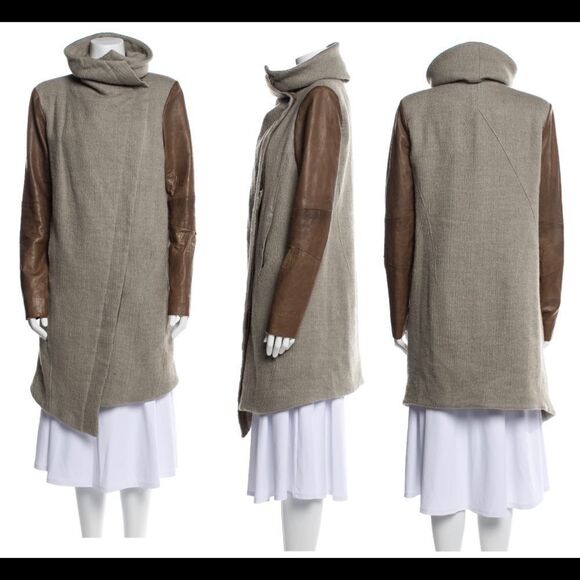 HELMET Lang wool & Lamb Leather brown gray colour block pattern coat Sz XS - Picture 2 of 16
